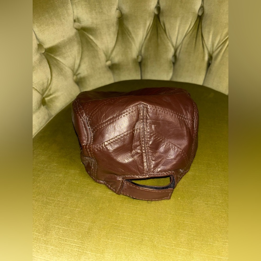 VTG Genuine Leather Mens Brown Newsboy Cabbie Beret Biker Adjustable Hat Cap - Picture 3 of 8